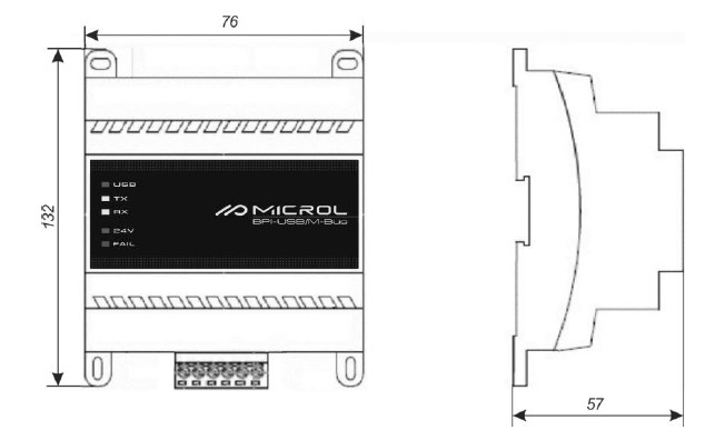 Схема габаритных размеров блока преобразования БПИ USB/M-Bus