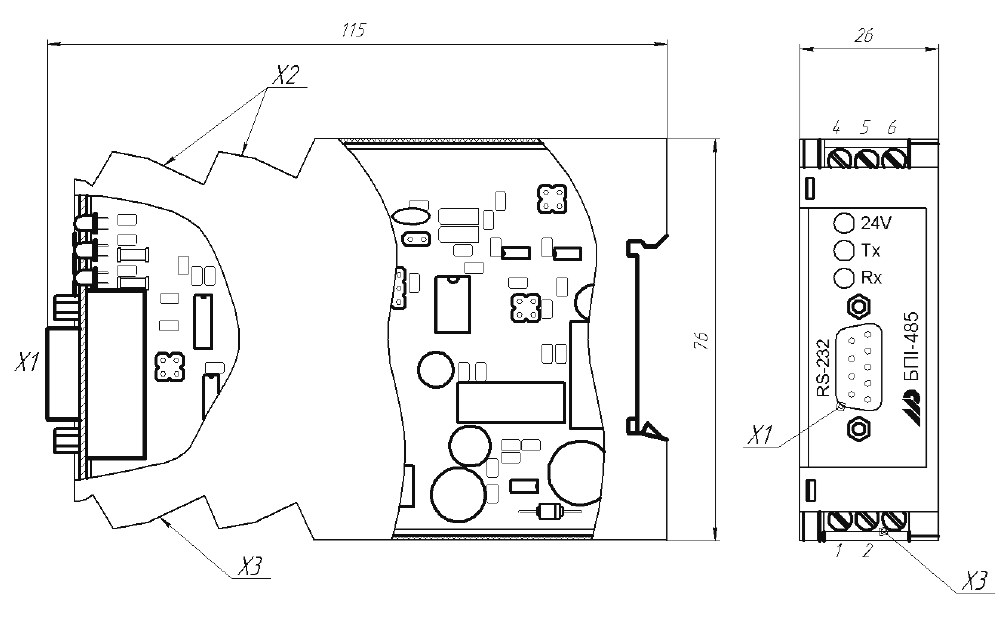 Схема габаритных размеров блока преобразования БПИ-485